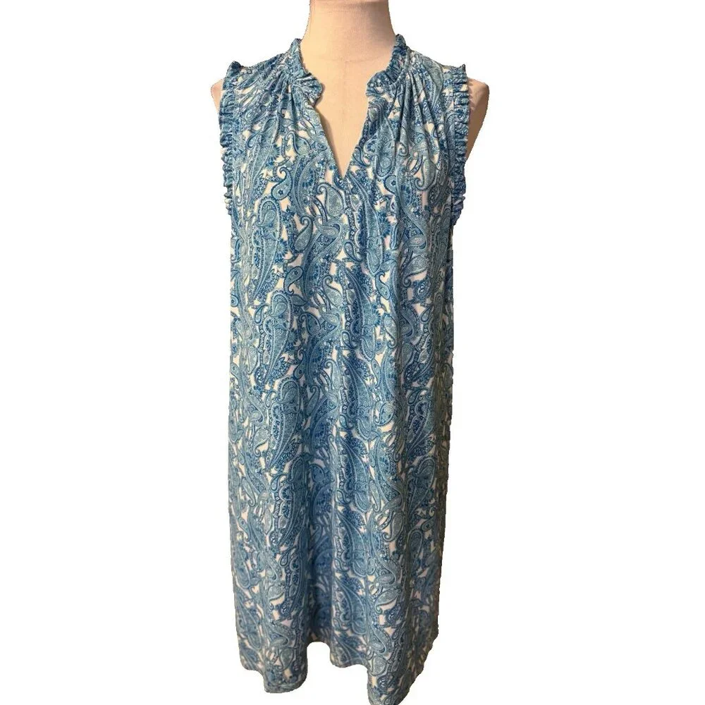 Michael Kors Shift Dress 1X Blue White Paisley Sleeveless Stretch Career Church